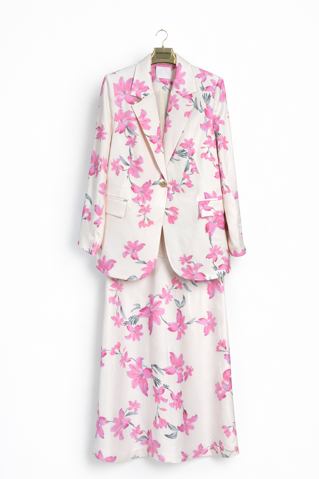 Elegant Pink Floral Blazer & Midi Skirt Set – 2 Piece Women's Suit
