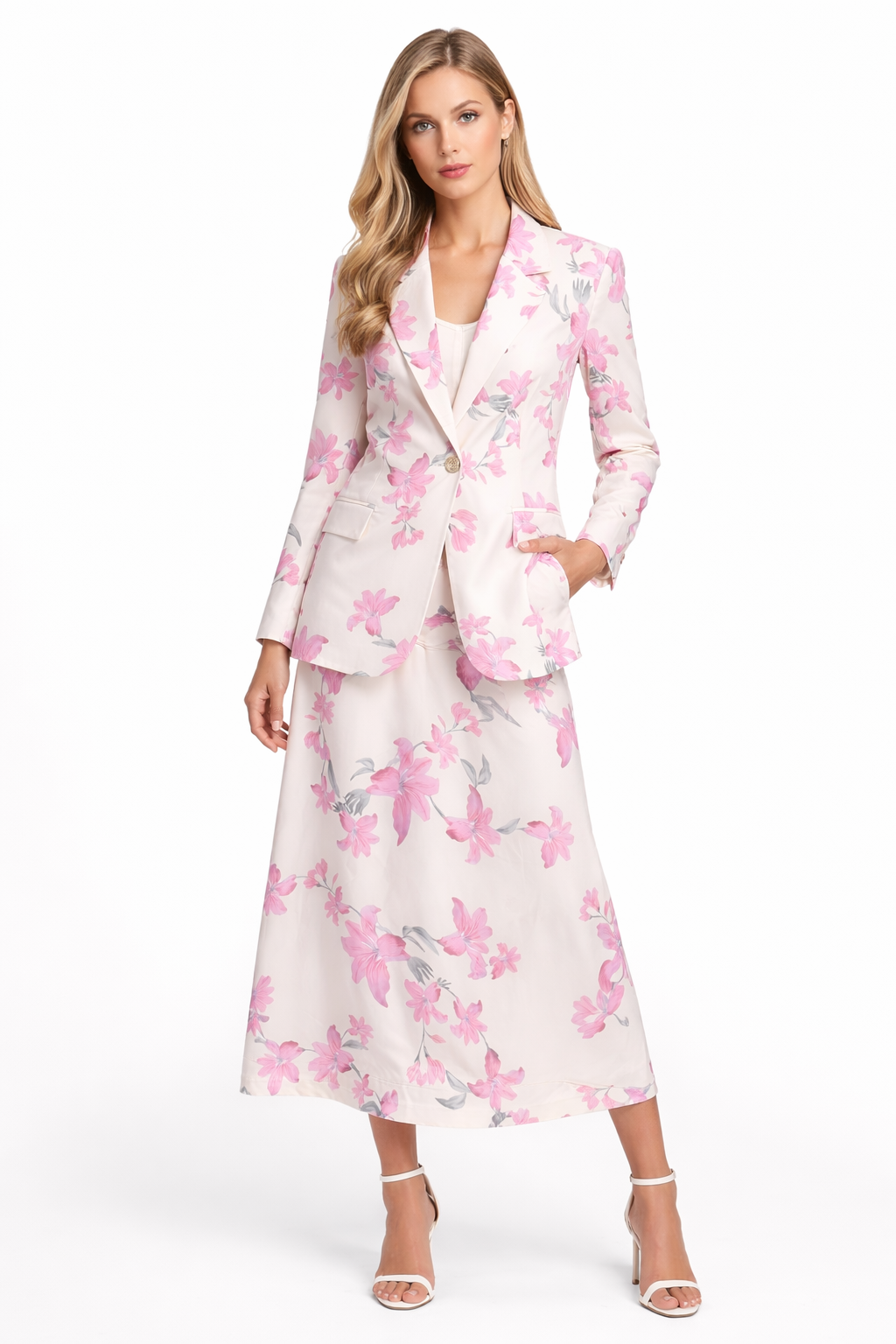 Elegant Pink Floral Blazer & Midi Skirt Set – 2 Piece Women's Suit