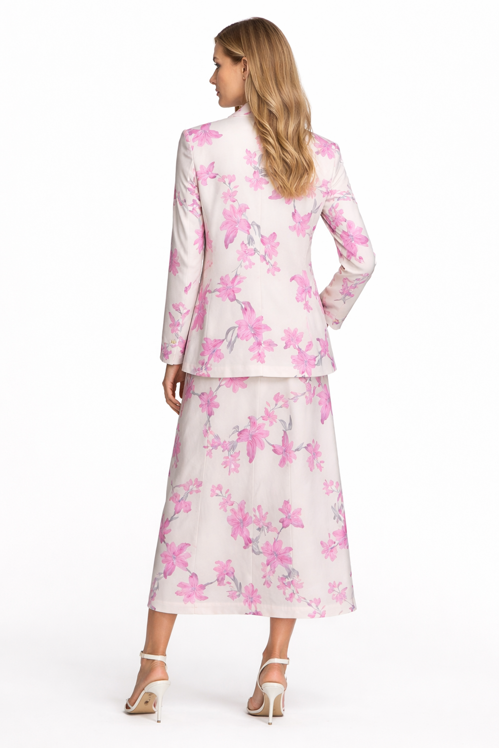 Elegant Pink Floral Blazer & Midi Skirt Set – 2 Piece Women's Suit