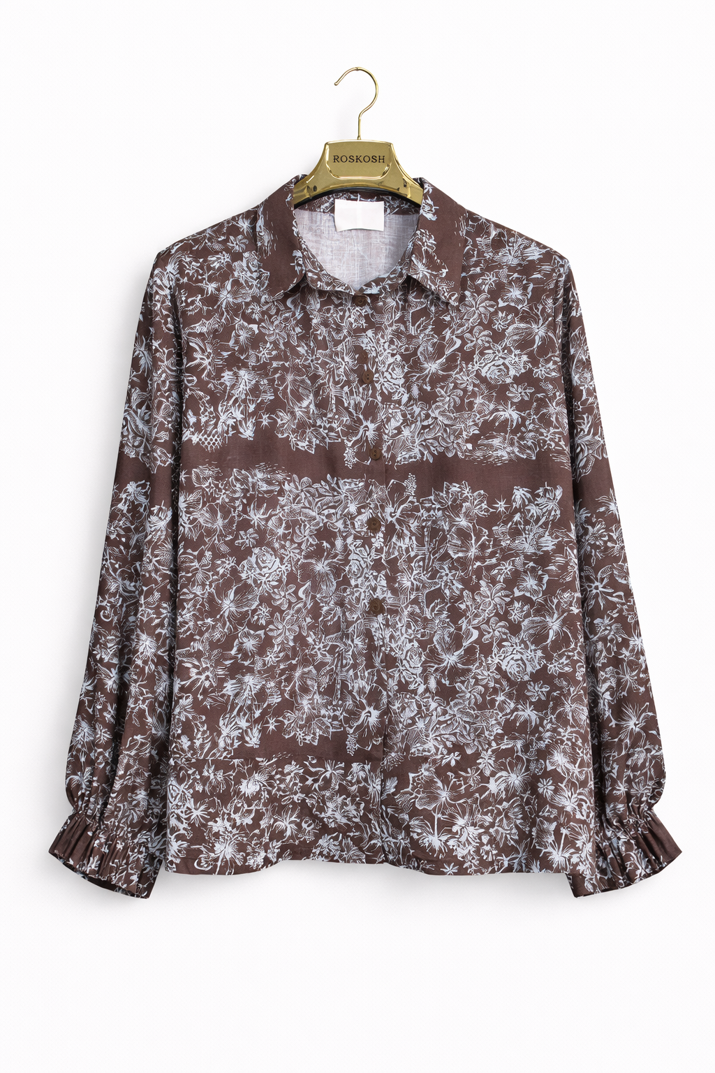 Elegant Brown Floral Two-Piece Set – Button Shirt & Wide-Leg Pants