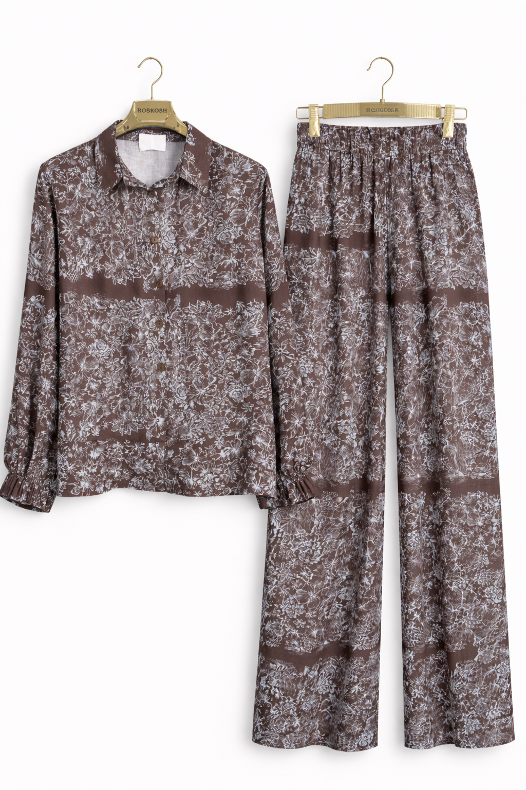 Elegant Brown Floral Two-Piece Set – Button Shirt & Wide-Leg Pants