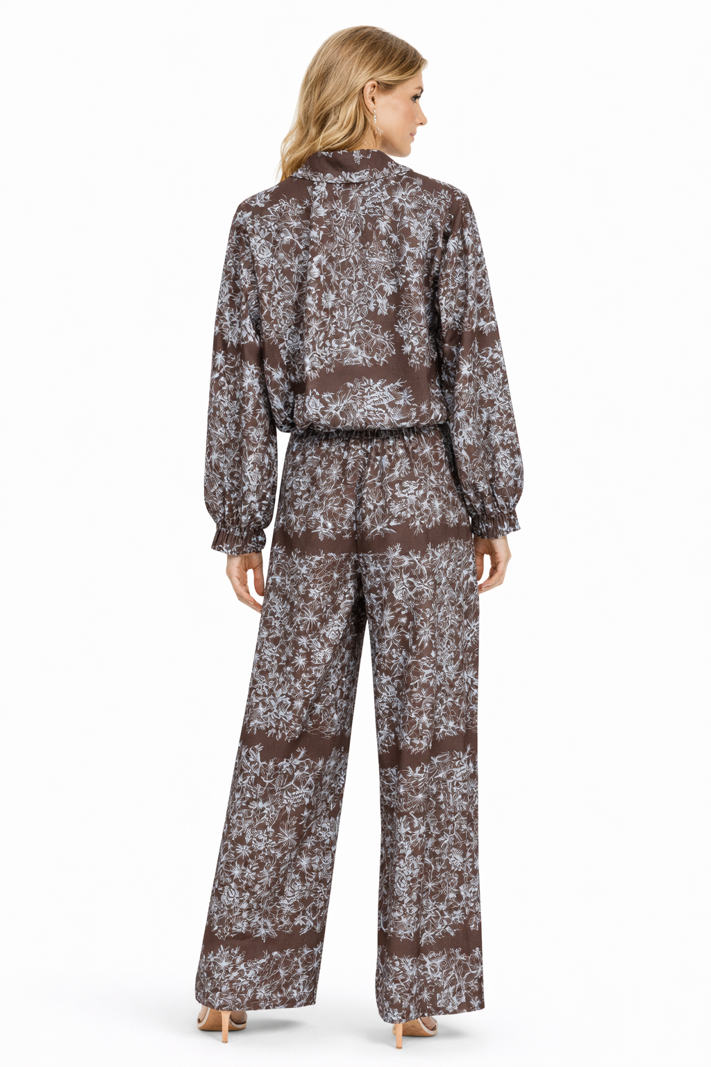 Elegant Brown Floral Two-Piece Set – Button Shirt & Wide-Leg Pants