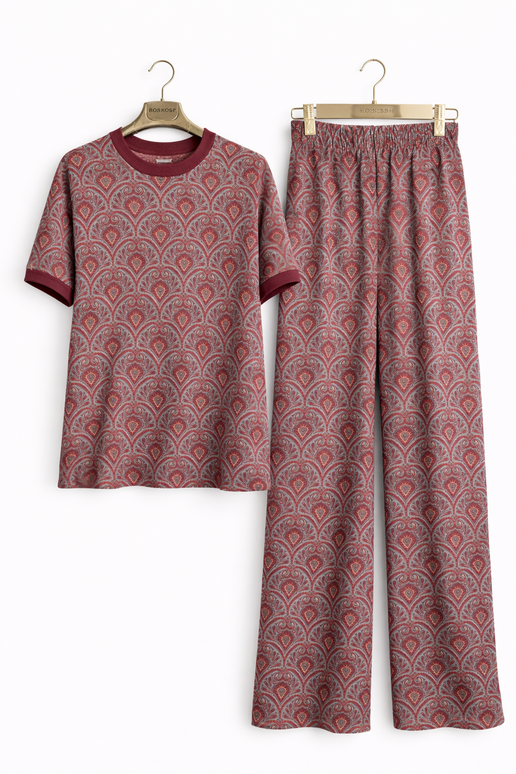 Paisley Print Two-Piece Set – Short Sleeve Top & Wide-Leg Pants