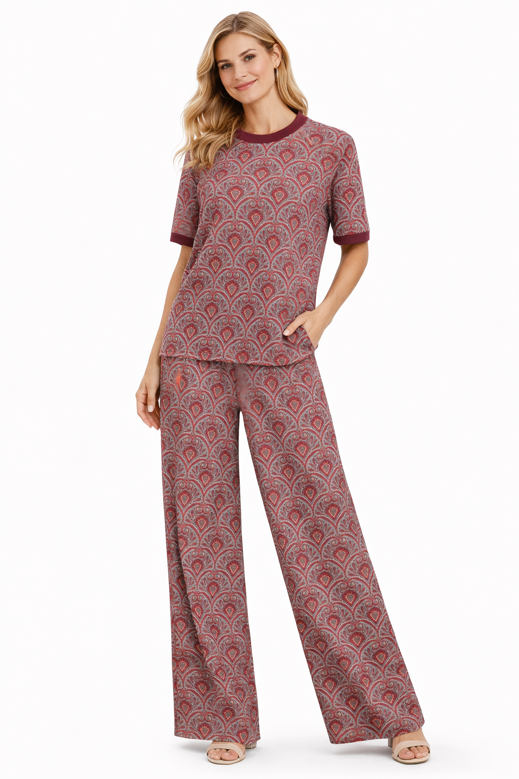 Paisley Print Two-Piece Set – Short Sleeve Top & Wide-Leg Pants