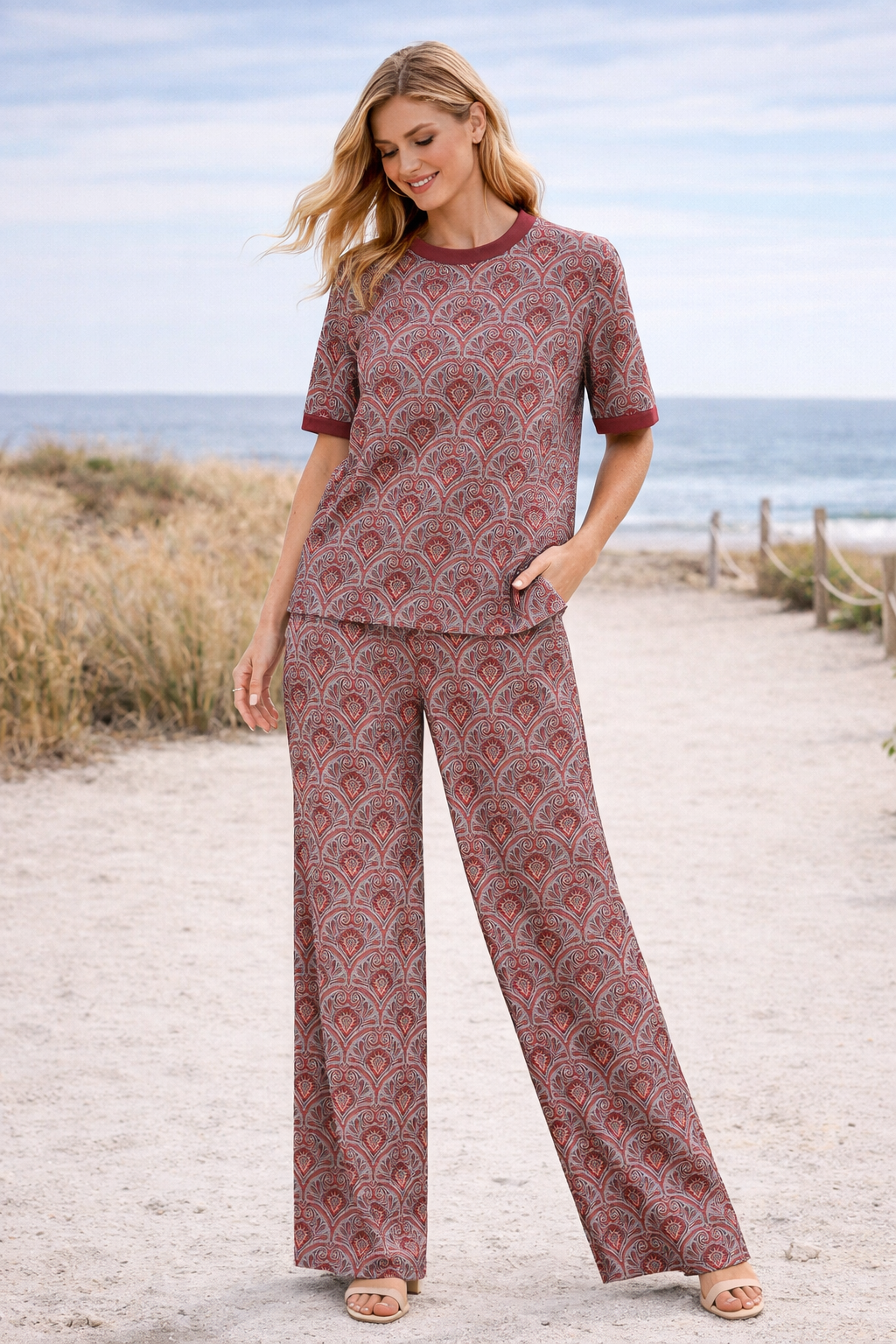 Paisley Print Two-Piece Set – Short Sleeve Top & Wide-Leg Pants