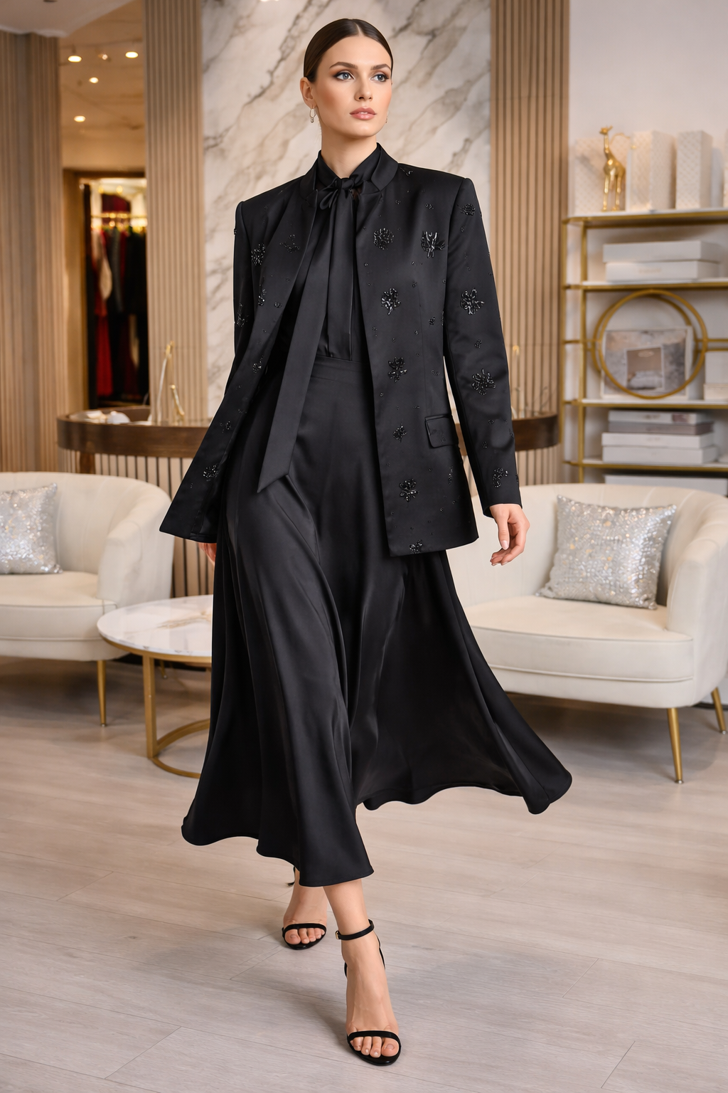 Elegant Black Embellished Blazer & Satin Dress Two-Piece Set