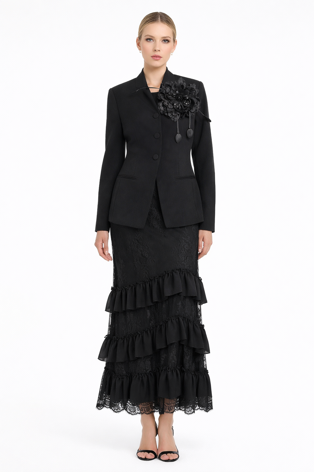 Elegant Blush Pink Floral Blazer & Lace Ruffle Skirt Two-Piece Set