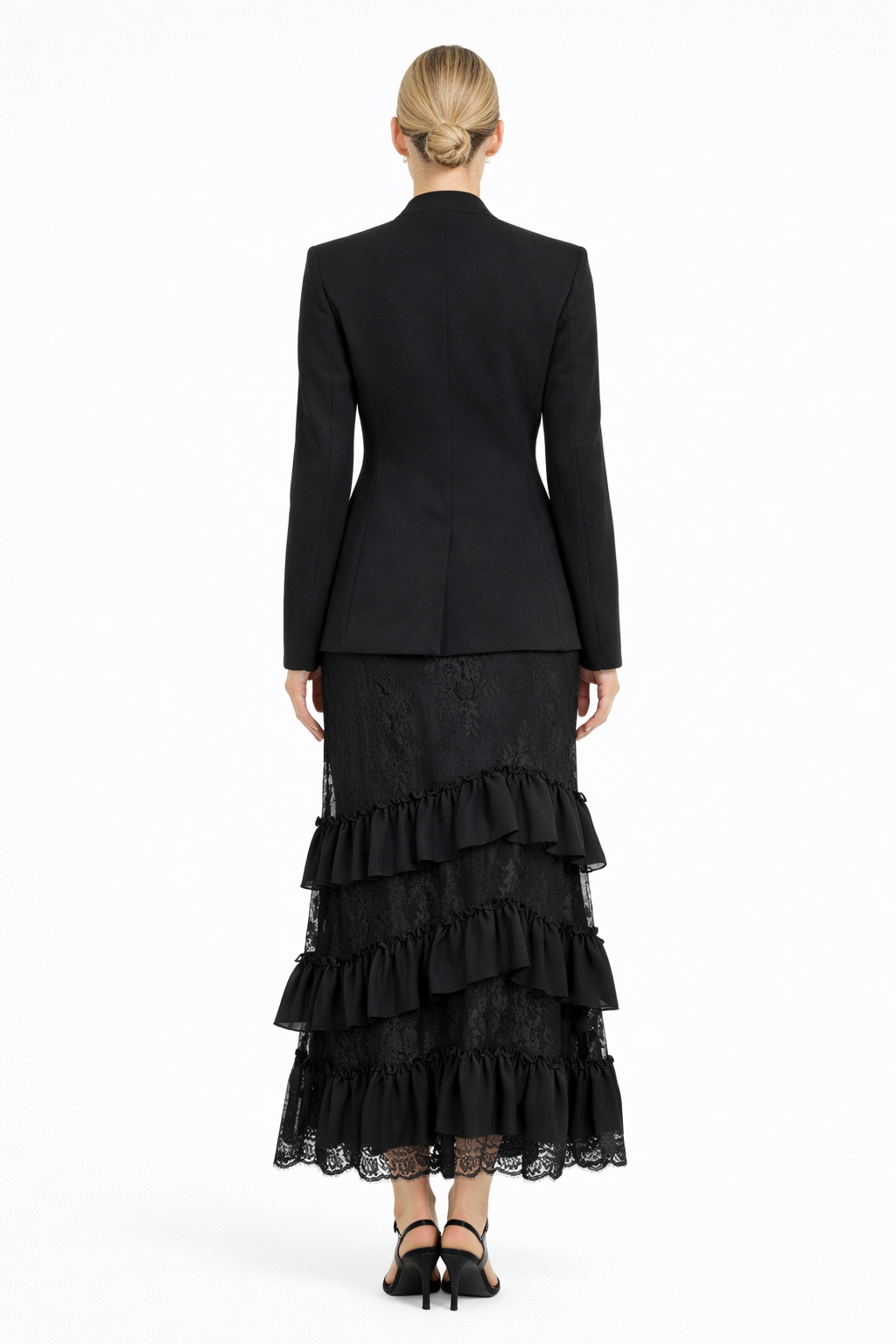 Elegant Blush Pink Floral Blazer & Lace Ruffle Skirt Two-Piece Set