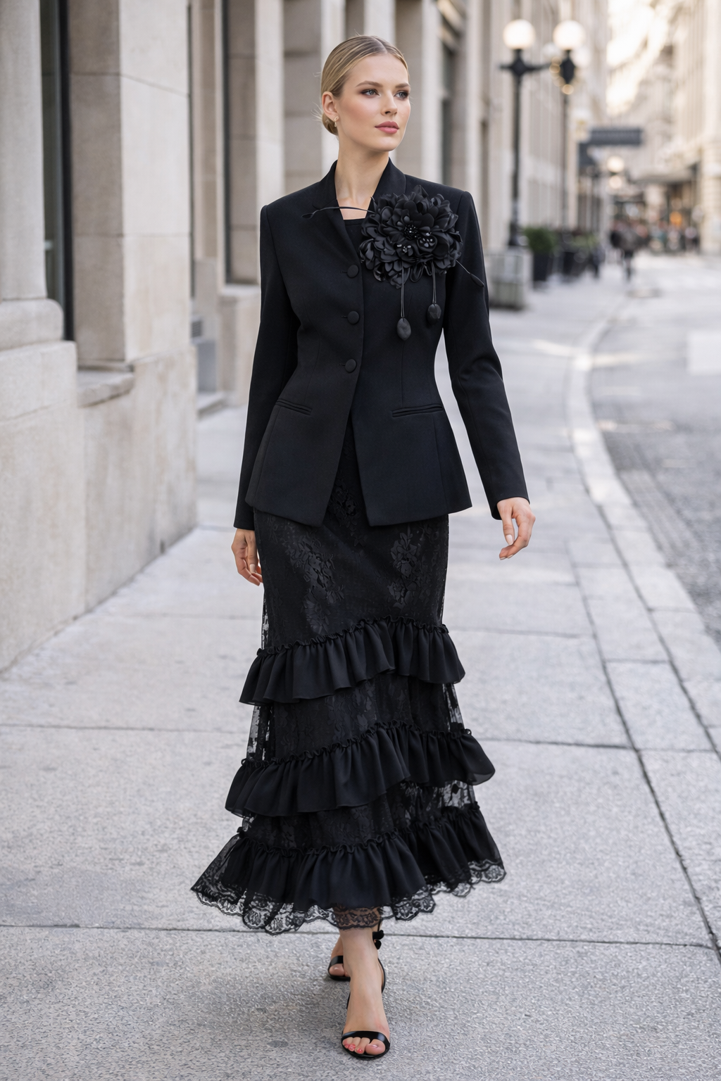 Elegant Blush Pink Floral Blazer & Lace Ruffle Skirt Two-Piece Set