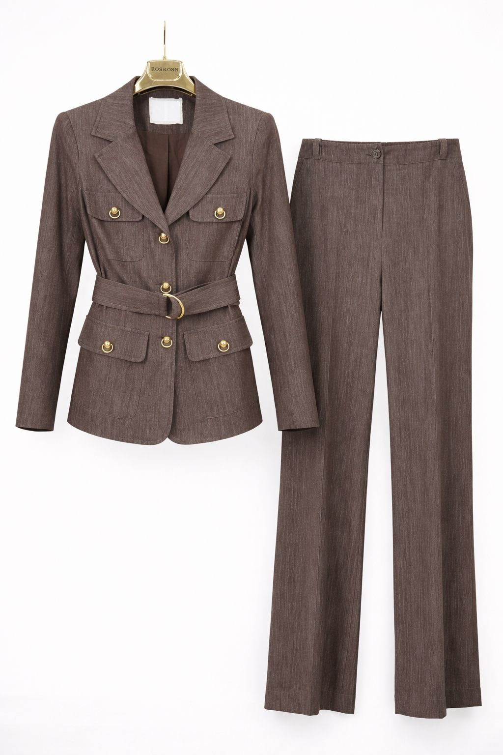 Elegant Belted Tailored Blazer & Wide-Leg Pants Set – Charcoal Blue