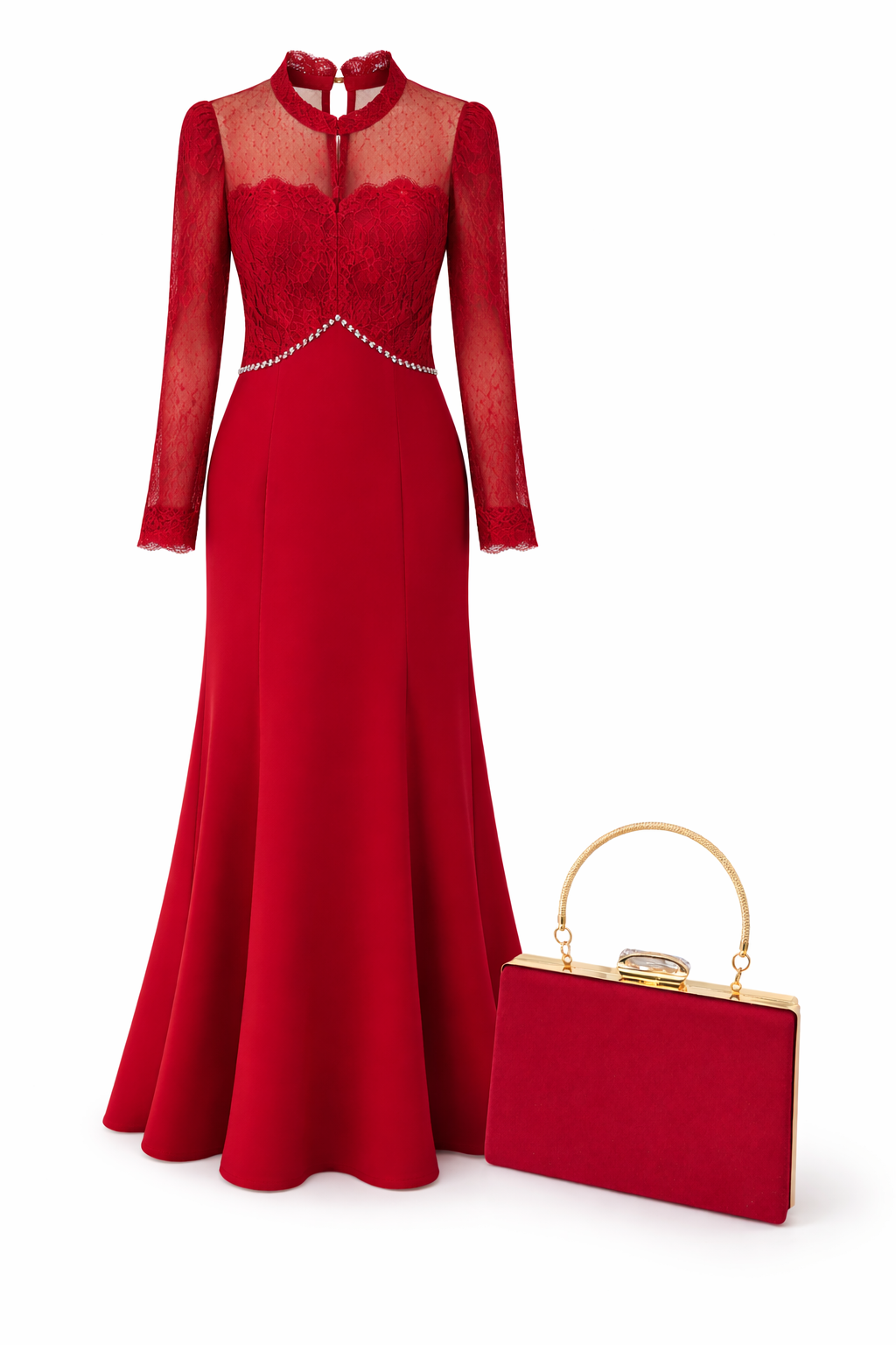 Elegant Red Lace Evening Gown with Matching Handbag Set