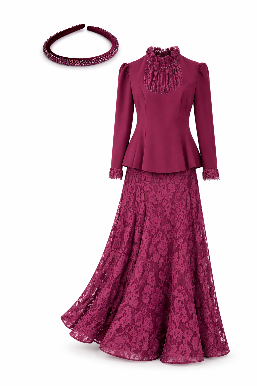 Elegant Burgundy Lace 3-Piece Set – Blouse, Lace Skirt & Crystal Headband