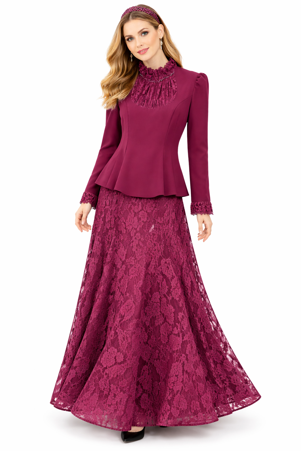 Elegant Burgundy Lace 3-Piece Set – Blouse, Lace Skirt & Crystal Headband
