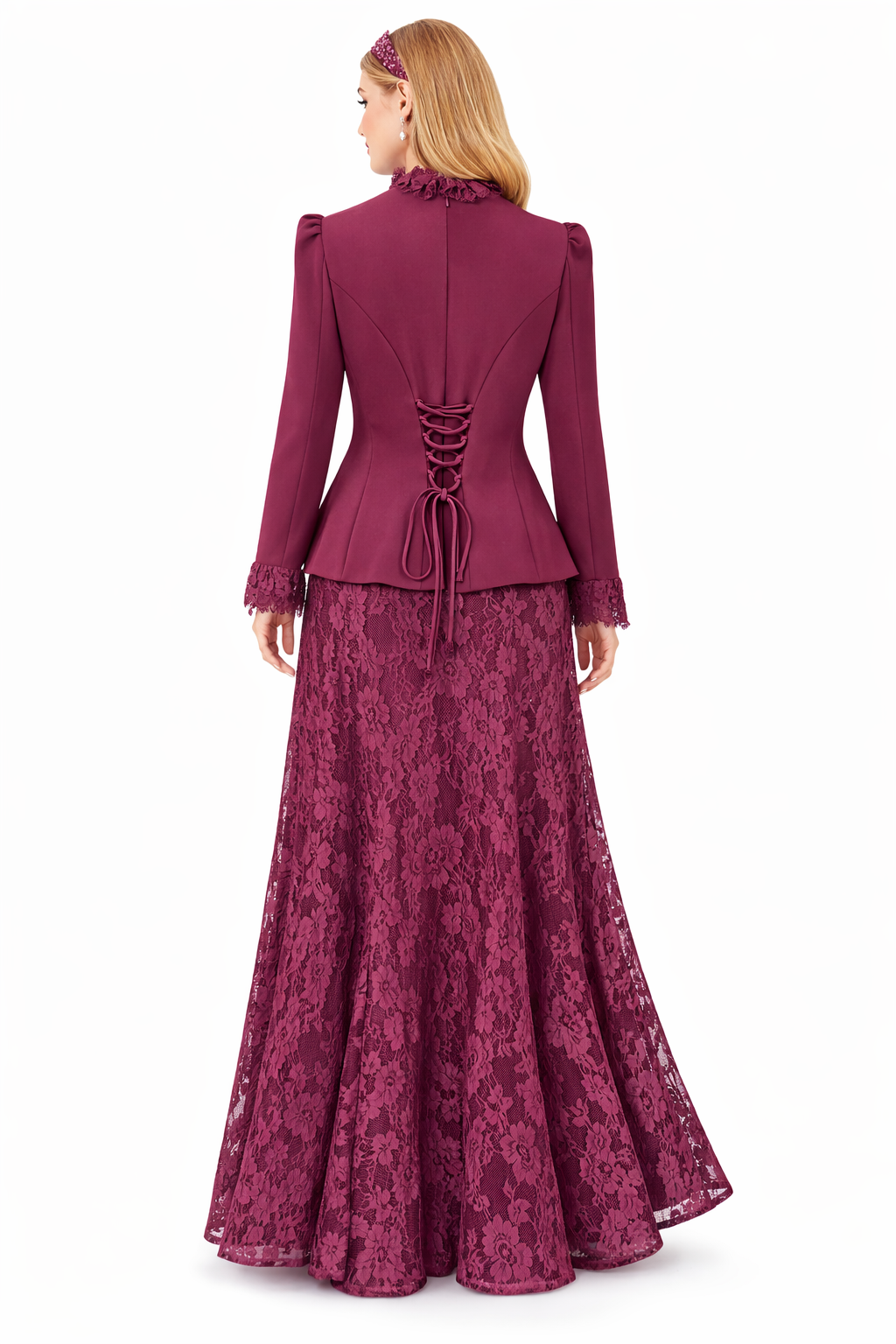 Elegant Burgundy Lace 3-Piece Set – Blouse, Lace Skirt & Crystal Headband