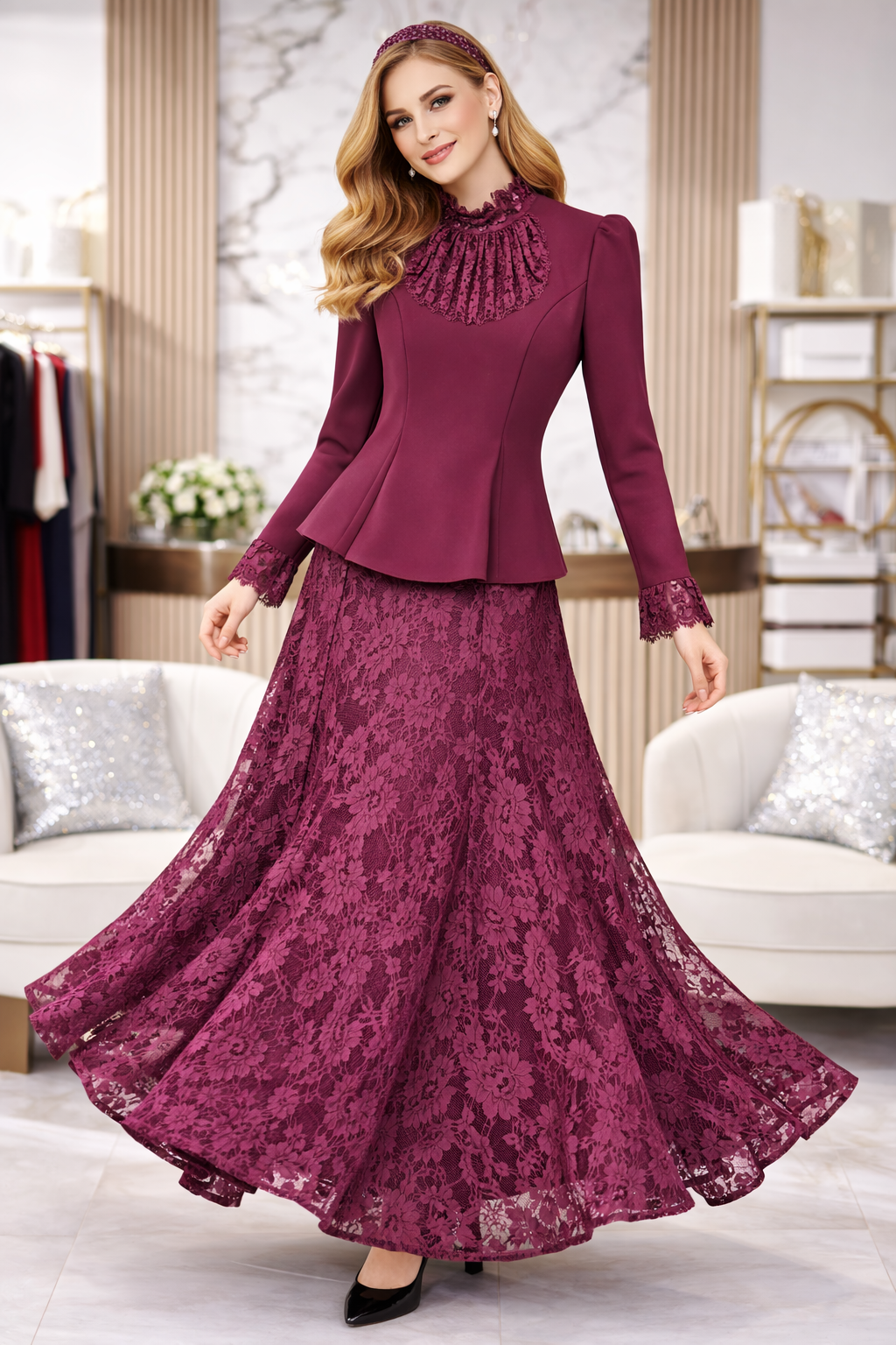 Elegant Burgundy Lace 3-Piece Set – Blouse, Lace Skirt & Crystal Headband