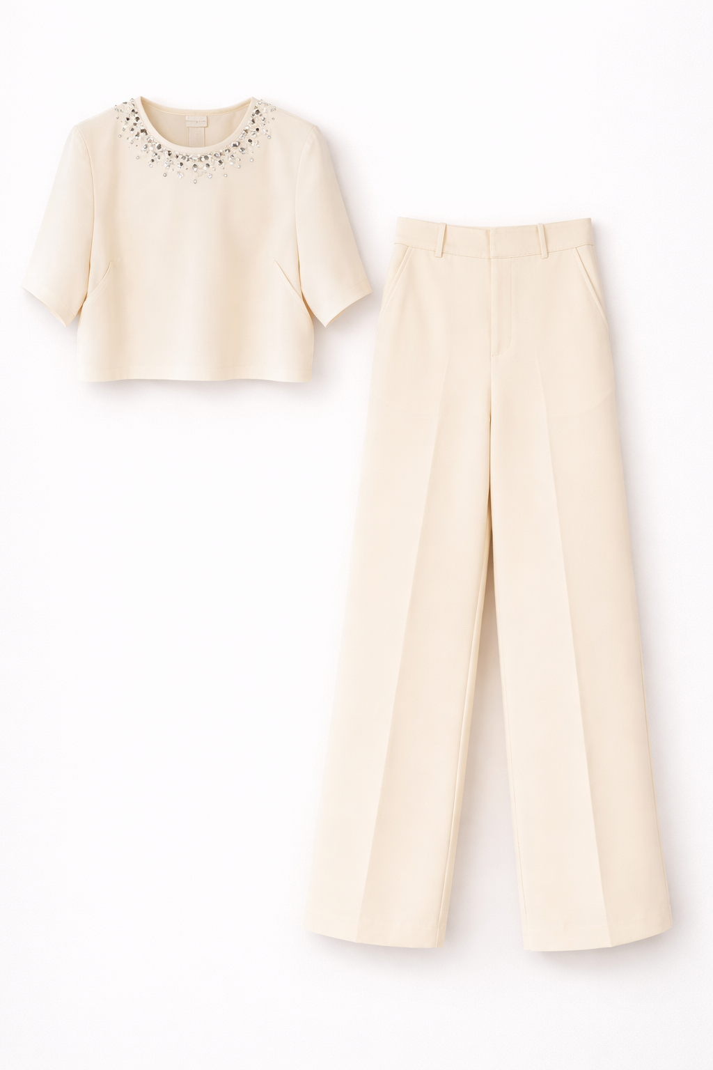 Elegant Ivory Embellished Crop Top & Wide-Leg Trouser Set