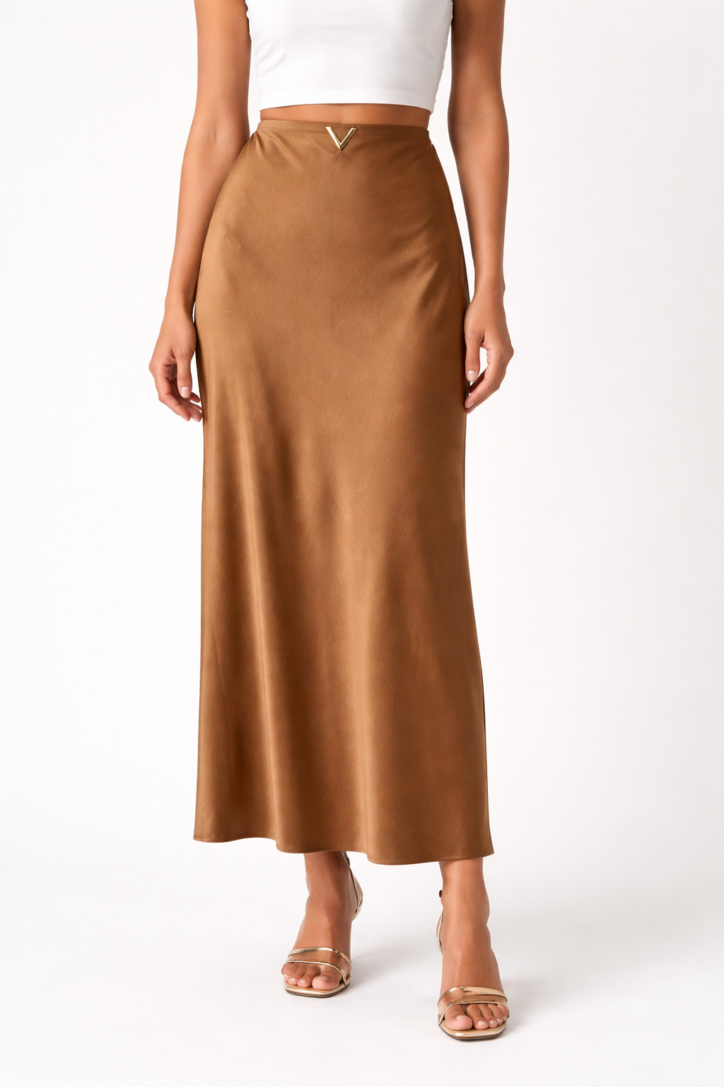 Caramel Satin Midi Skirt with Gold V Accent
