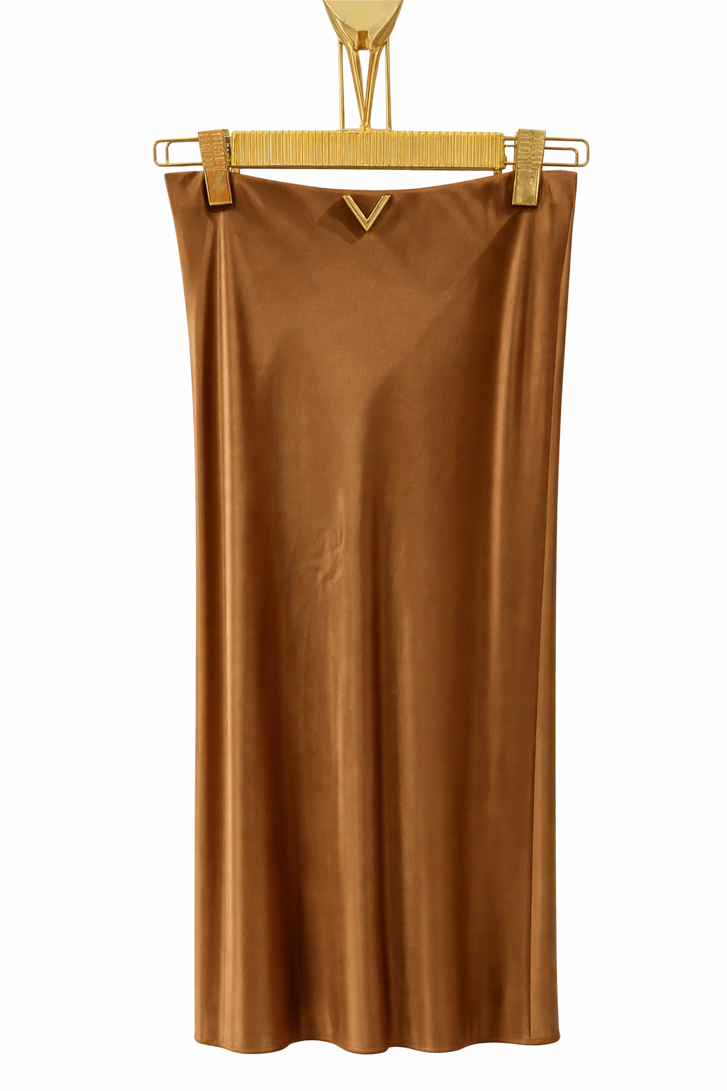 Caramel Satin Midi Skirt with Gold V Accent