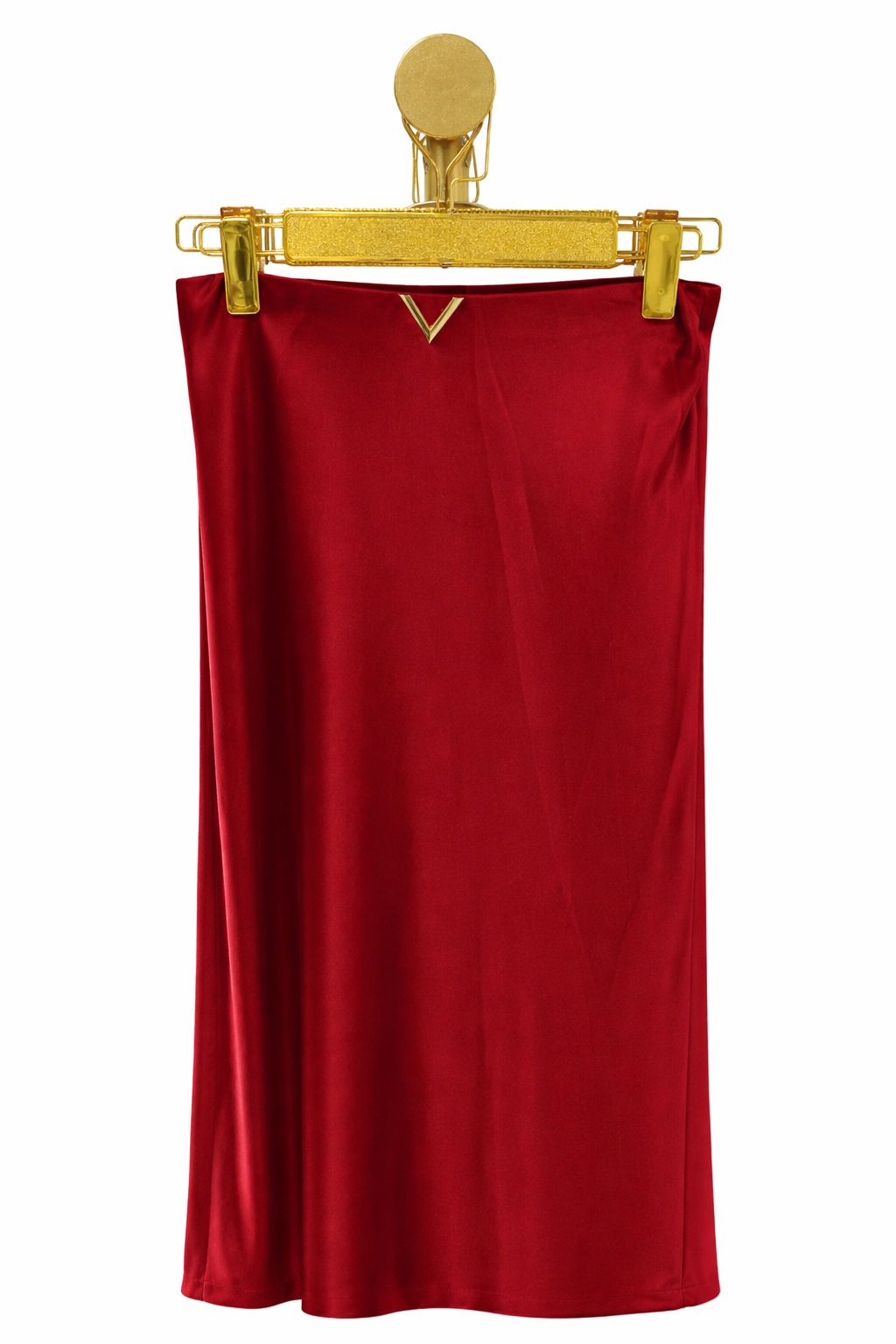 Caramel Satin Midi Skirt with Gold V Accent