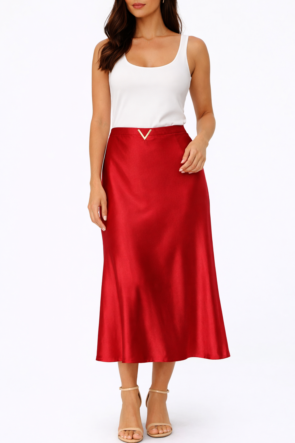 Caramel Satin Midi Skirt with Gold V Accent