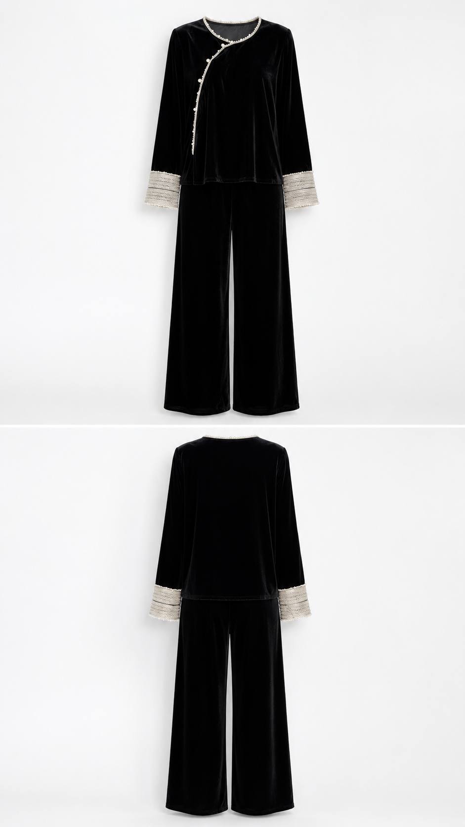 Luxe Black Velvet Pearl-Trim Two-Piece Set