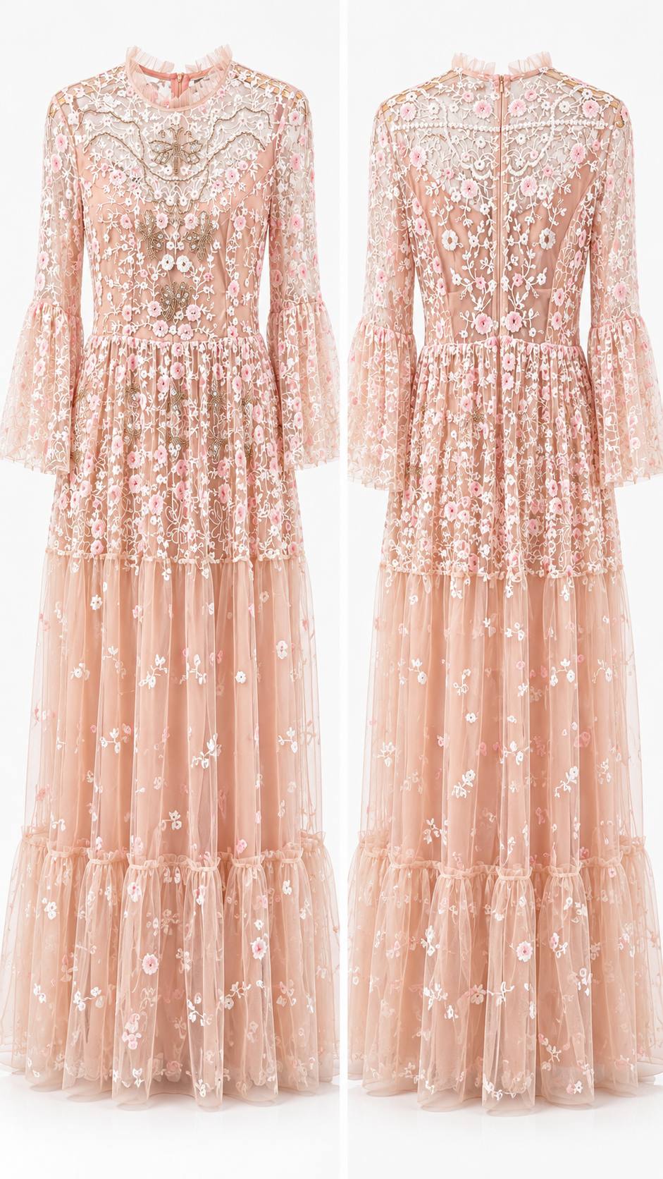 ROSKOSH Blush Bloom Embroidered Lace Maxi Dress