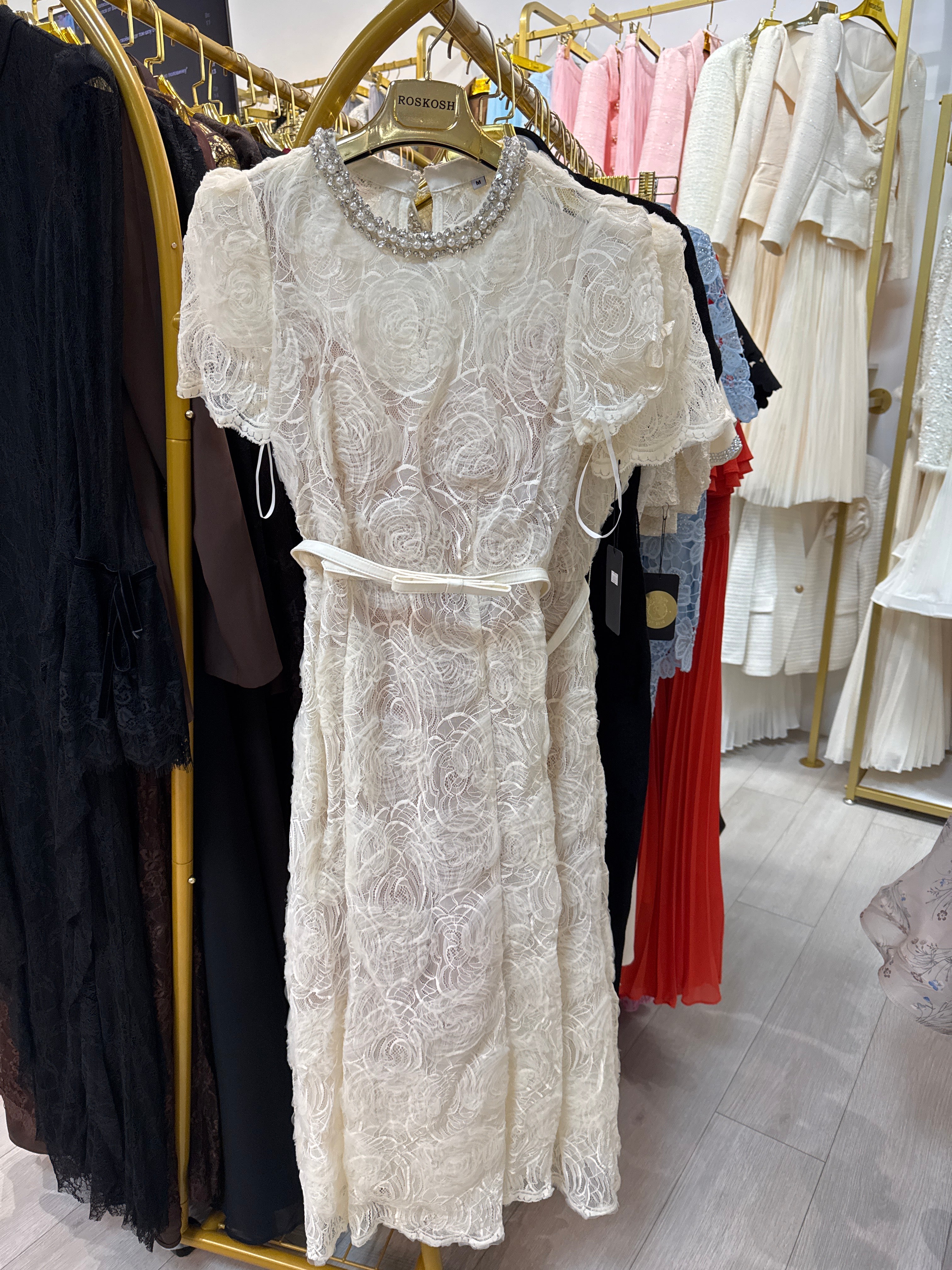 Pearl Neckline Lace Midi Dress