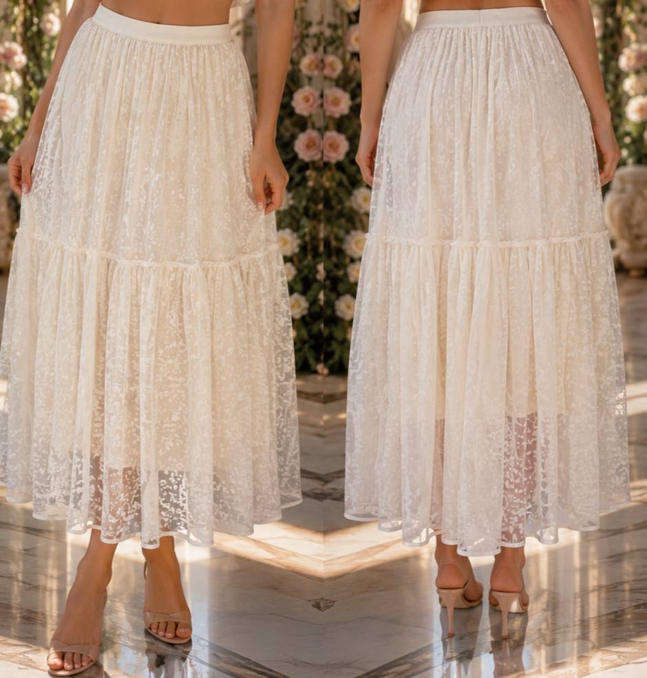 Ivory Floral Mesh Tiered Maxi Skirt