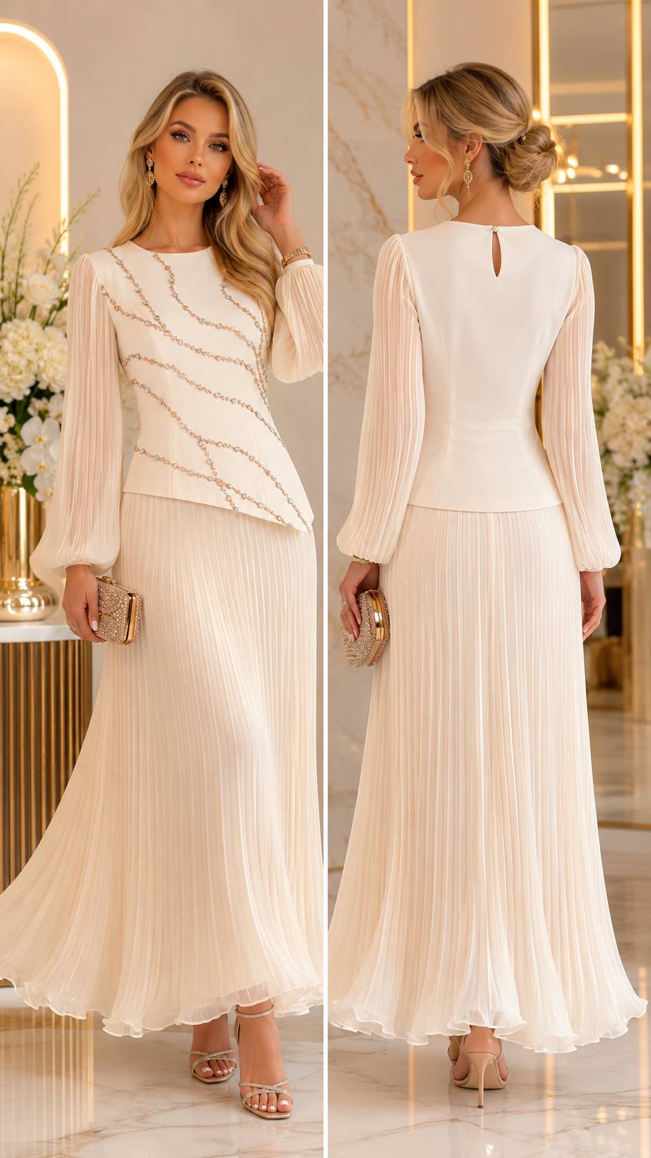 ROSKOSH Ivory Crystal Embellished Pleated Maxi Set