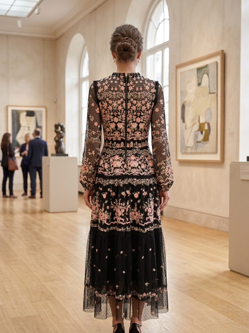 Black Floral Embroidered Sheer Sleeve Midi Dress – Romantic Elegance