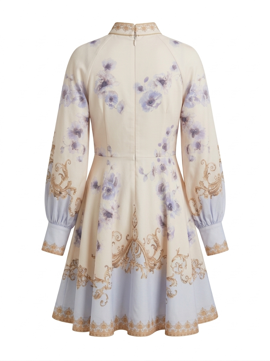 Ornate Baroque Print Mini Dress with Belt – Ivory & Blue Elegance