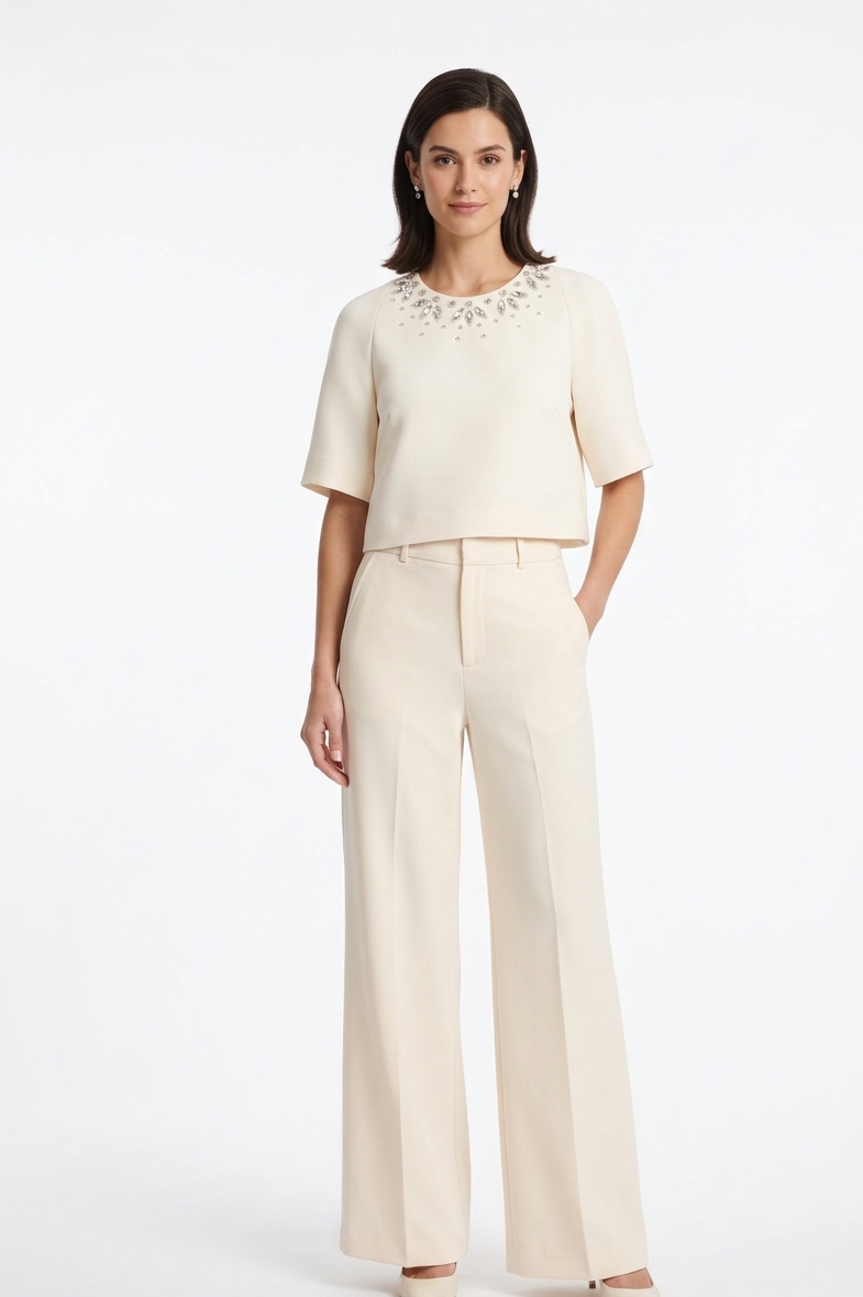 Elegant Ivory Embellished Crop Top & Wide-Leg Trouser Set