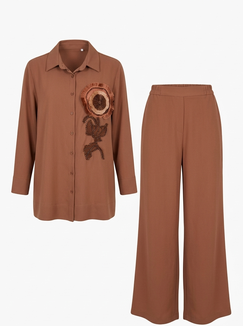 Rust Embellished Shirt & Wide-Leg Trouser Set