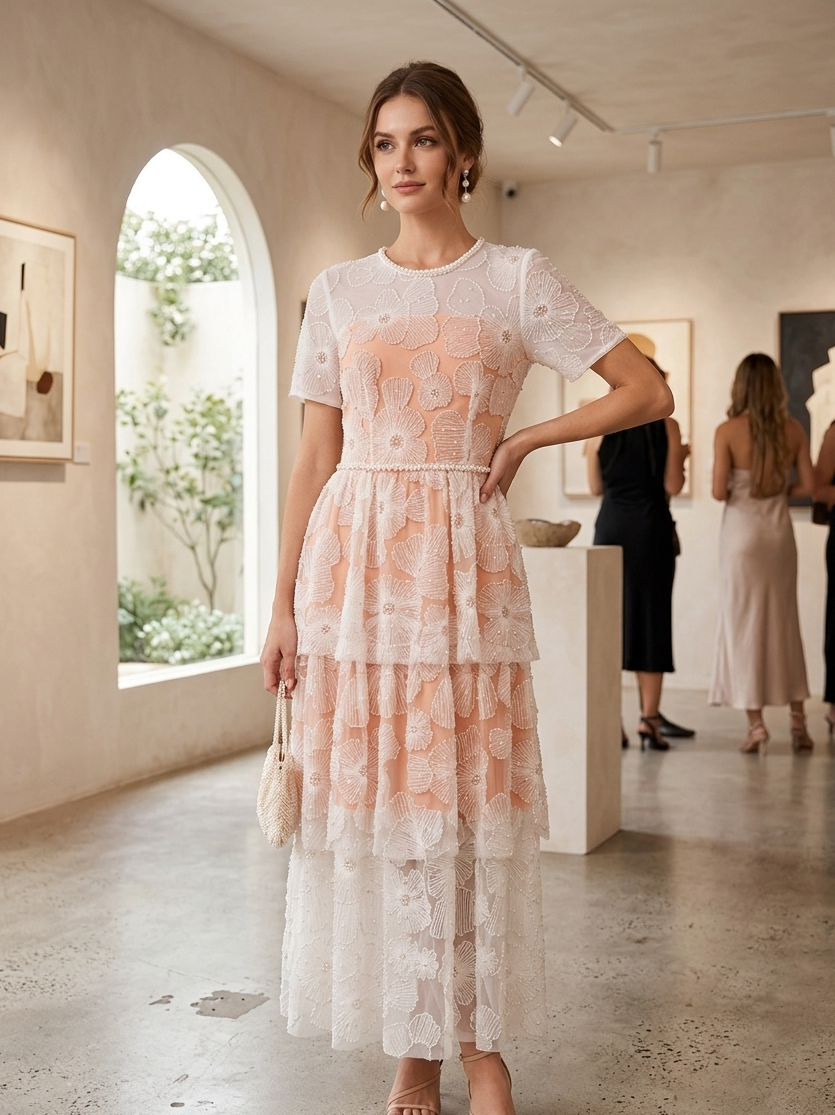 Elegant Floral Lace Overlay Midi Dress – Blush & Ivory