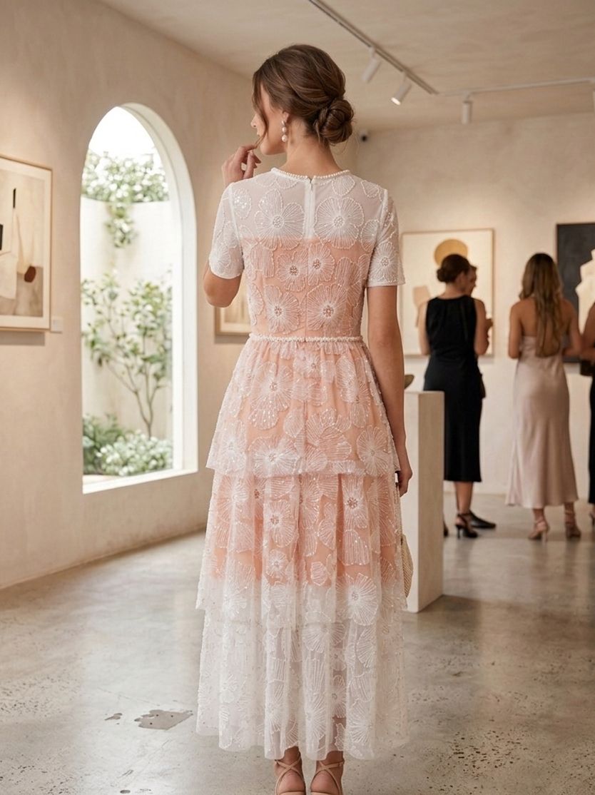 Elegant Floral Lace Overlay Midi Dress – Blush & Ivory