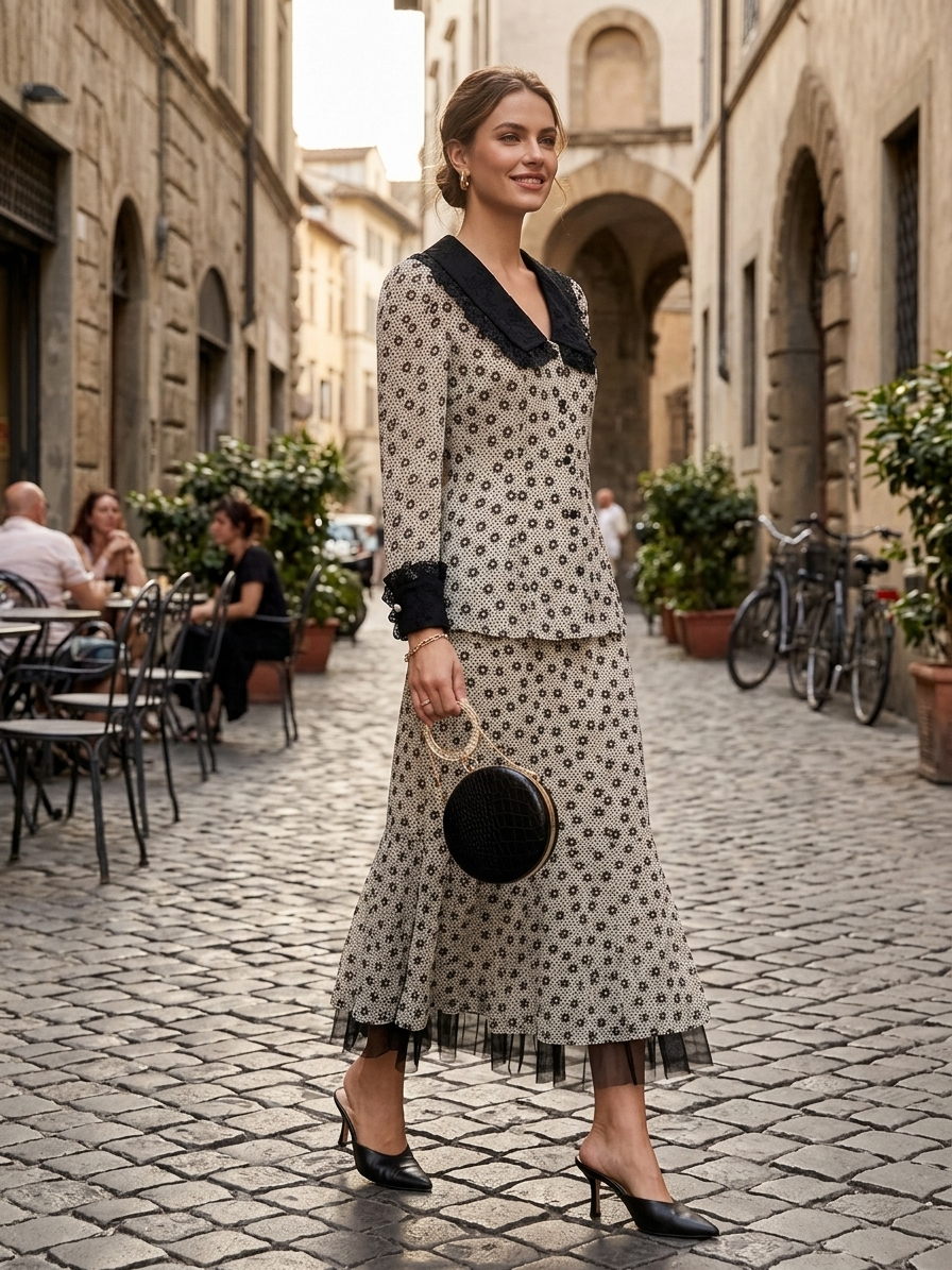 Vintage Polka Dot Set with Croc-Texture Circle Bag