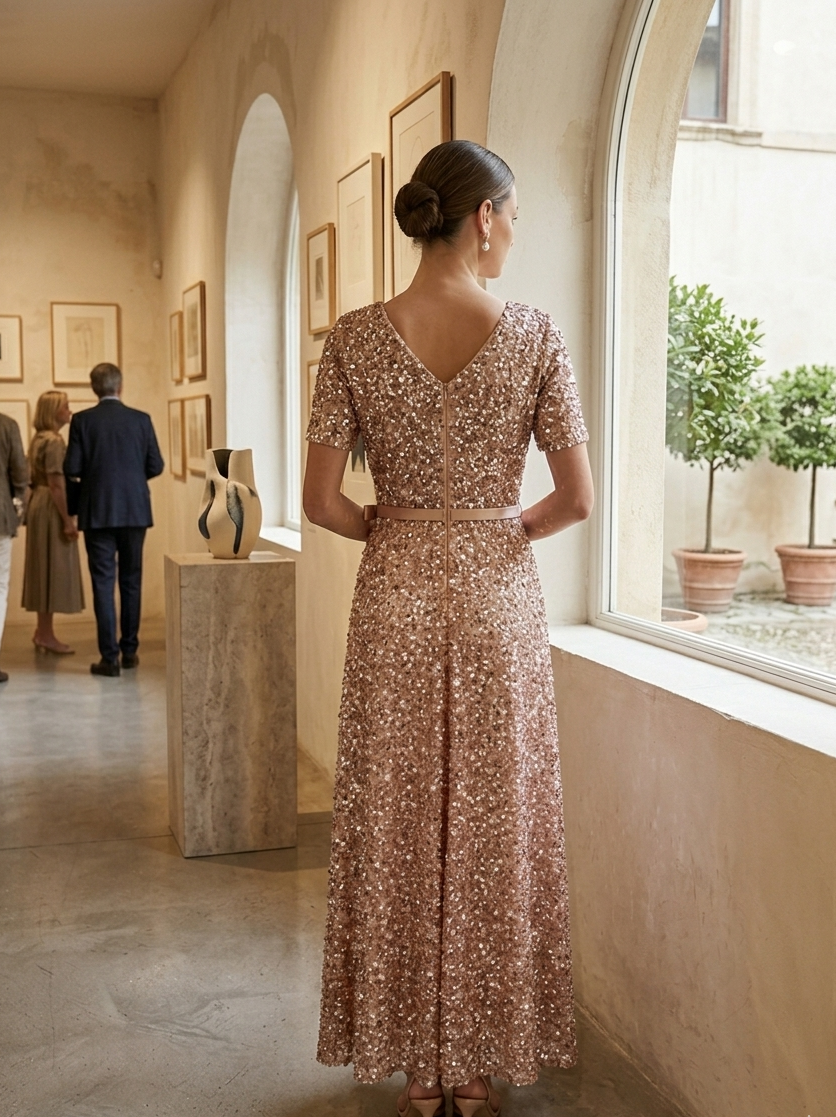 Rose Gold Sequin Evening Gown with Belted Waist
