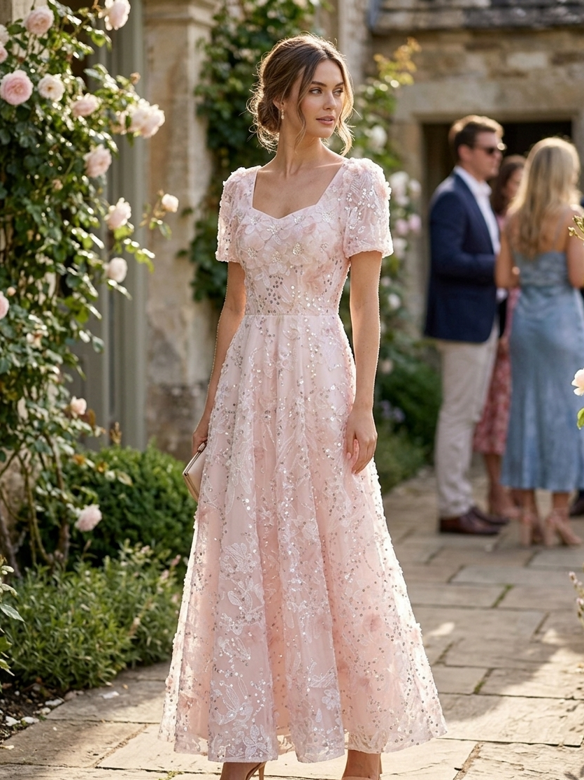 Blush Pink Embellished Tulle Midi Dress – Soft Glam Elegance