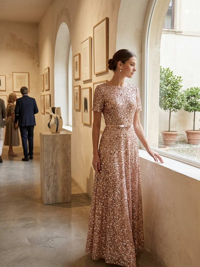 Rose Gold Sequin Evening Gown with Belted Waist