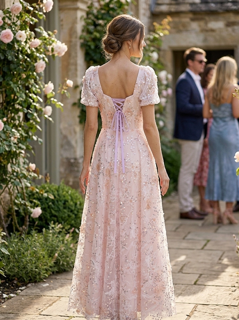 Blush Pink Embellished Tulle Midi Dress – Soft Glam Elegance