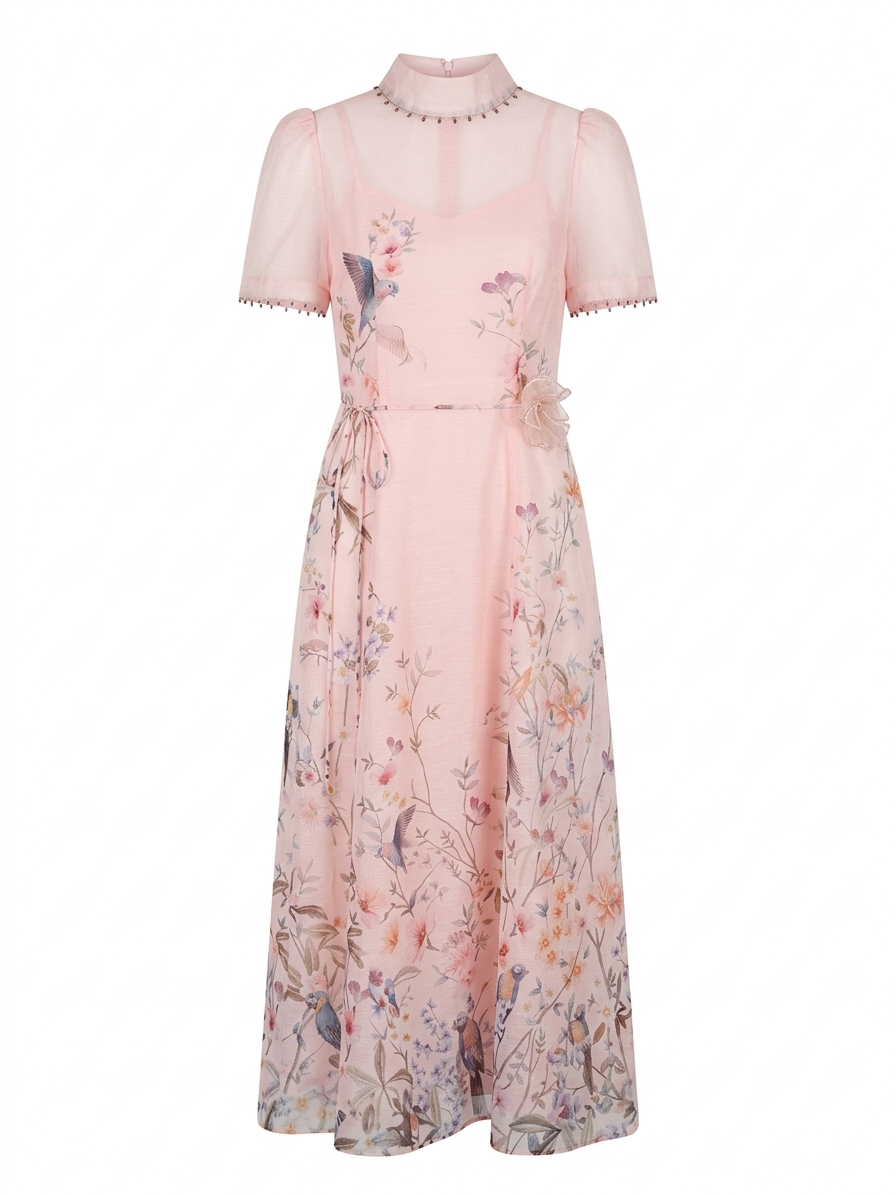 Blush Pink Floral Midi Dress with Sheer Overlay – Elegant Bird Print