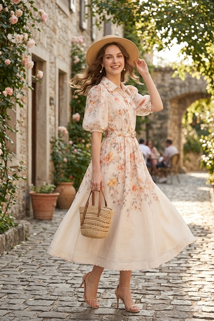 Floral Midi Shirt Dress with Belt – Soft Cream Vintage Print