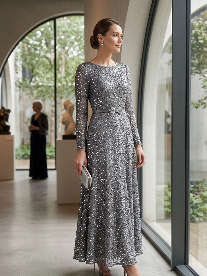 Silver Grey Sequin Maxi Dress with Bow Belt – Timeless Glamour
