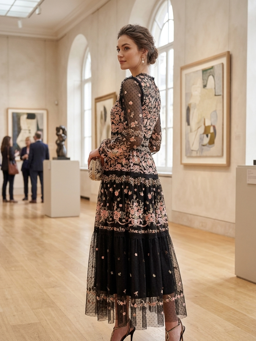 Black Floral Embroidered Sheer Sleeve Midi Dress – Romantic Elegance