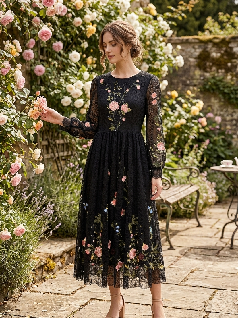 Black Floral Embroidered Lace Midi Dress – Elegant Romantic Style