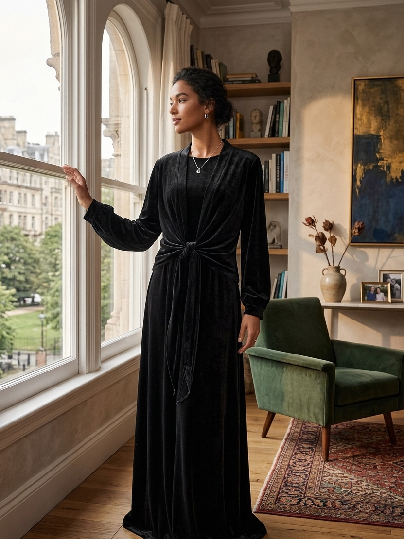 Black Velvet Tie-Front Maxi Dress – Elegant Minimalist Style