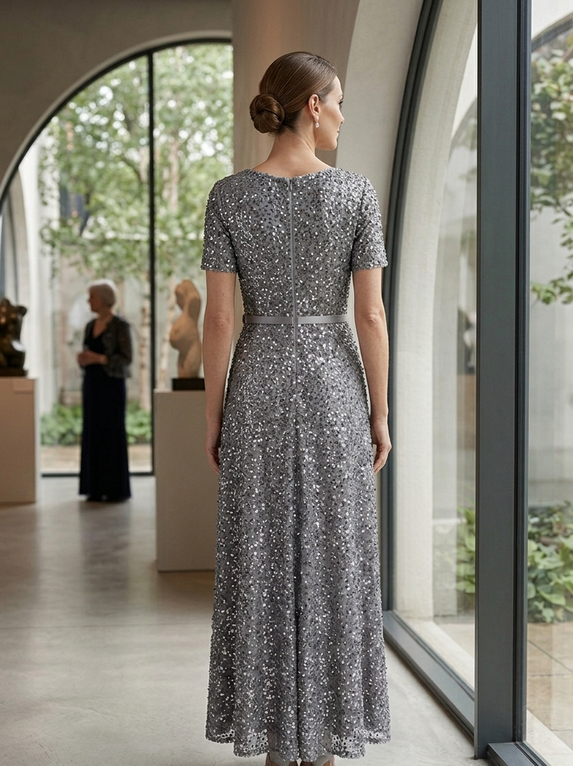 Silver Grey Sequin Maxi Dress with Bow Belt – Timeless Glamour