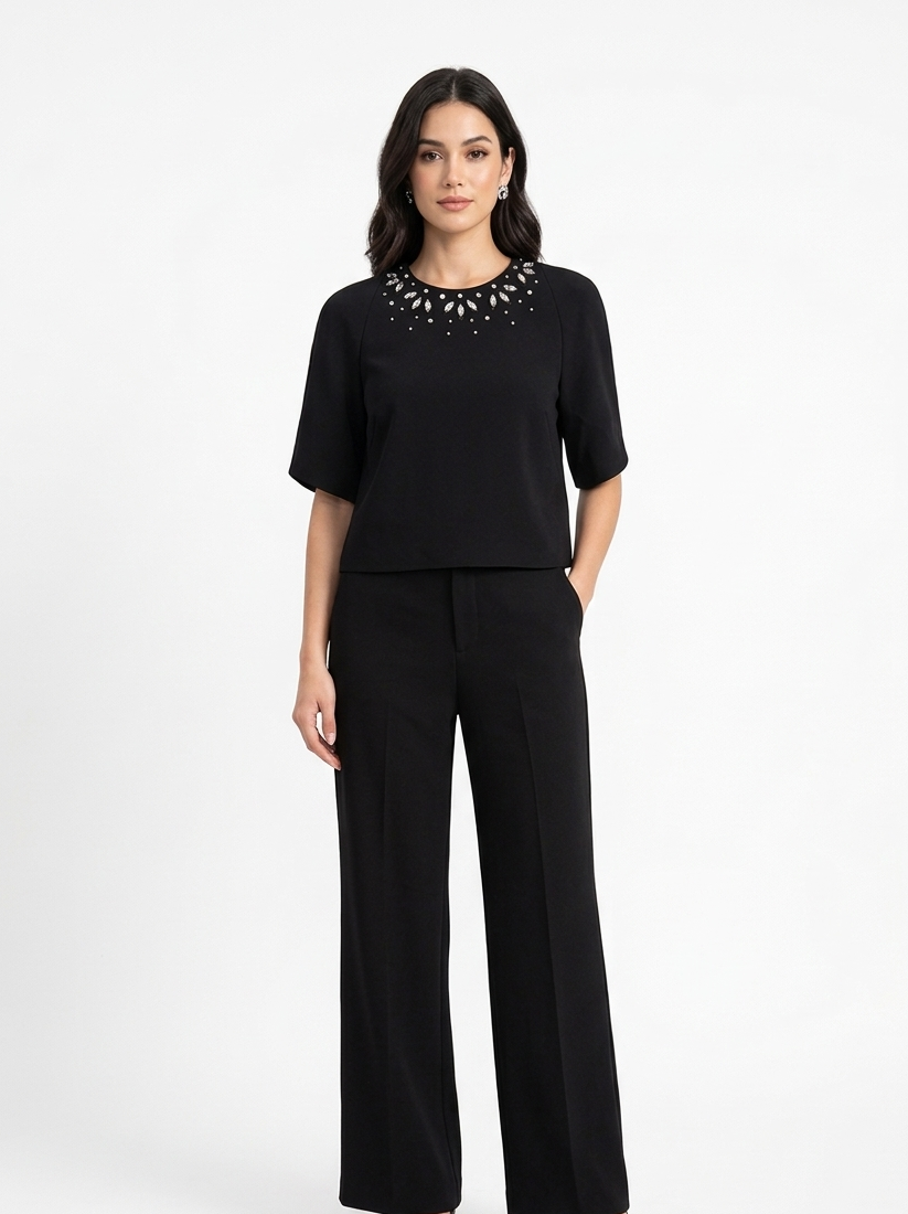 Elegant Ivory Embellished Crop Top & Wide-Leg Trouser Set