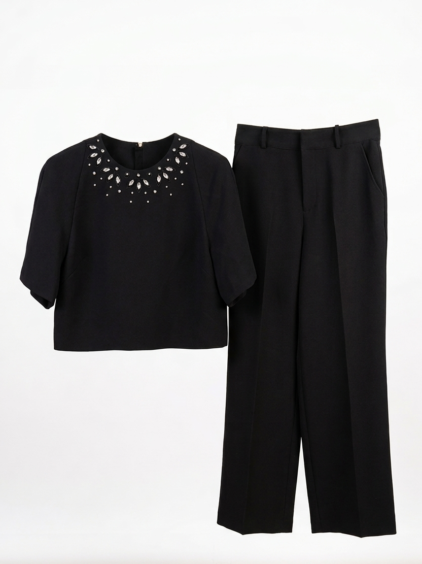 Elegant Ivory Embellished Crop Top & Wide-Leg Trouser Set