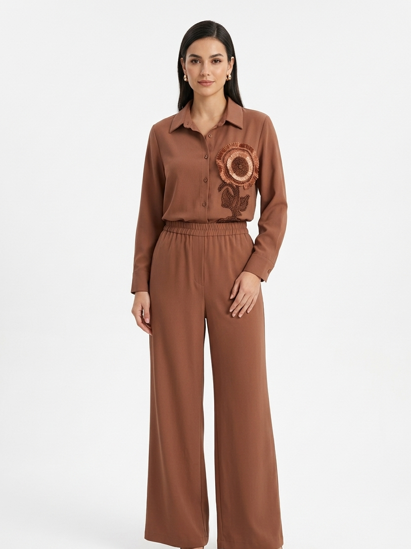 Rust Embellished Shirt & Wide-Leg Trouser Set